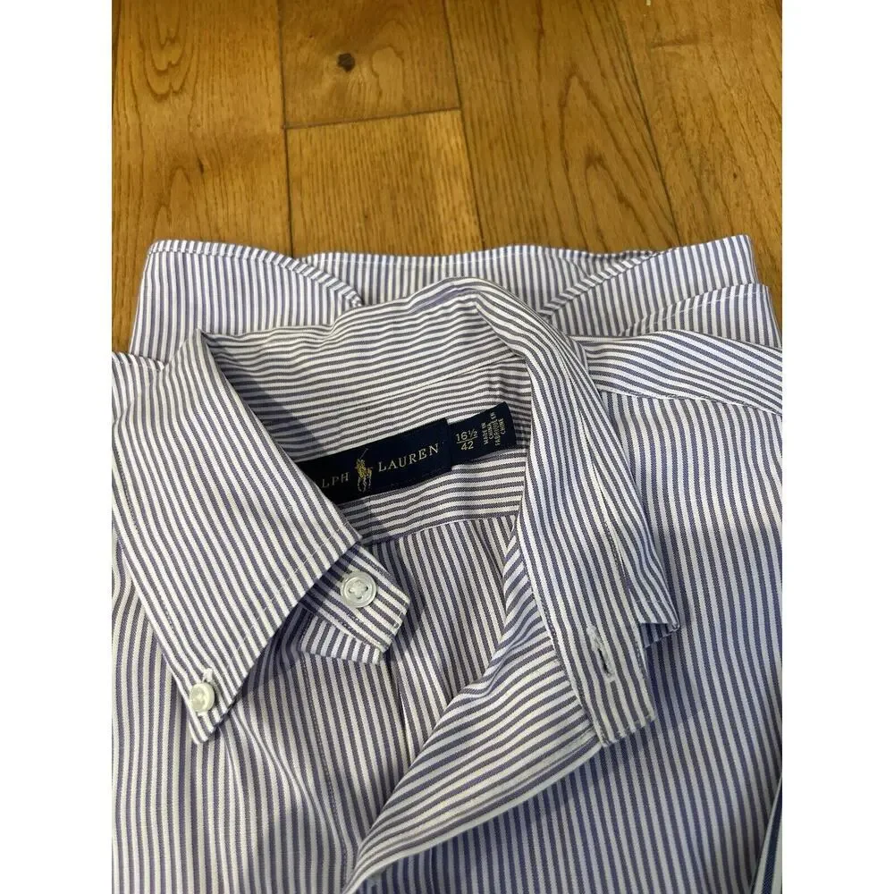 Two Ralph Lauren Polo Button Down Striped‎ Dress Shirt Size 16.5 42 Purple/ Blue - Picture 2 of 9